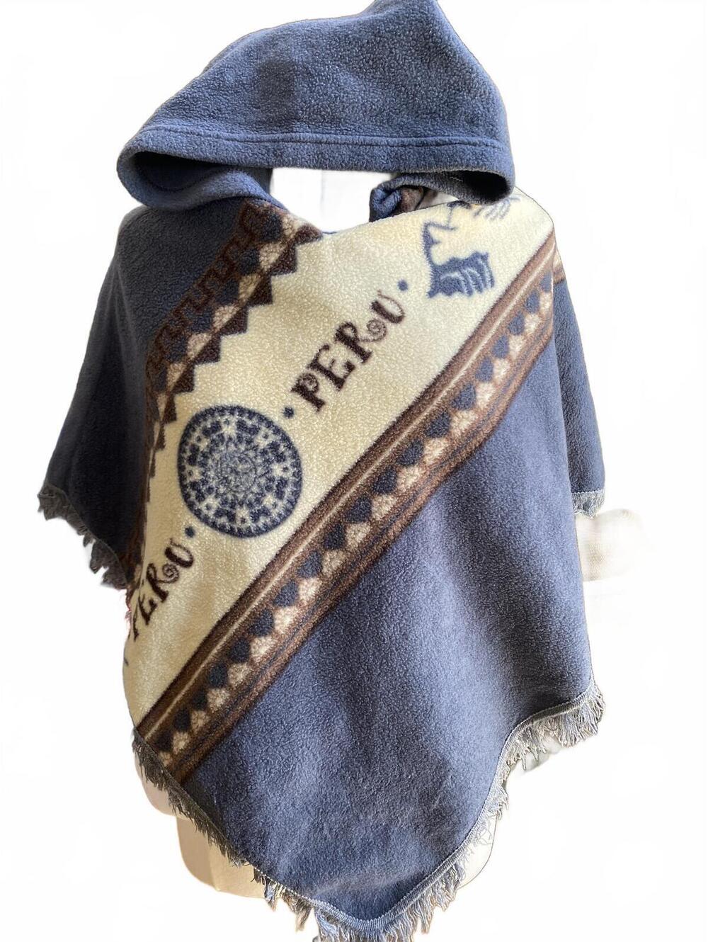 Peru Hooded Fleece Poncho with Fringe Youth Large/ X-Large